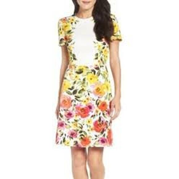 Maggy London Adeline Short Sleeve Ivory & Bright Floral Print Hot Dress Size 12P - Picture 1 of 10